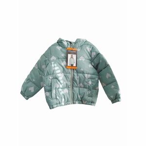 Green Hooded Puffer Jacket with Heart Pattern